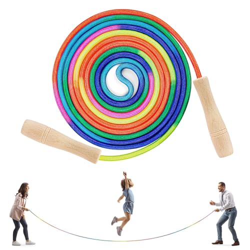 Flintronic Cuerda Saltar 5M, Cuerdas de Saltar Ajustables para Niños, cuerda saltar con Mango Madera, cuerda de saltar Arcoíris para Niños y Adultos, para Fitness Actividad al Aire Libre