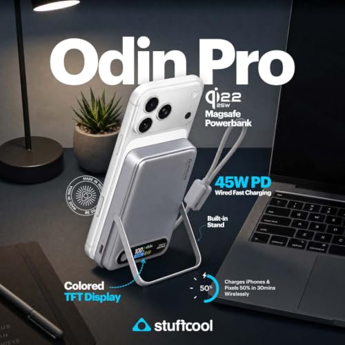 Image of Stuffcool Odin Pro 10000mAh Qi2.2 MagSafe Powerbank, 25W Wireless, 45W PD Wired, Built-in Type-C Cable, Stand & TFT Display, Charges iPhone 18 /18 Pro /Duo & Pixel 11 - 50% in 30 Mins Wirelessly