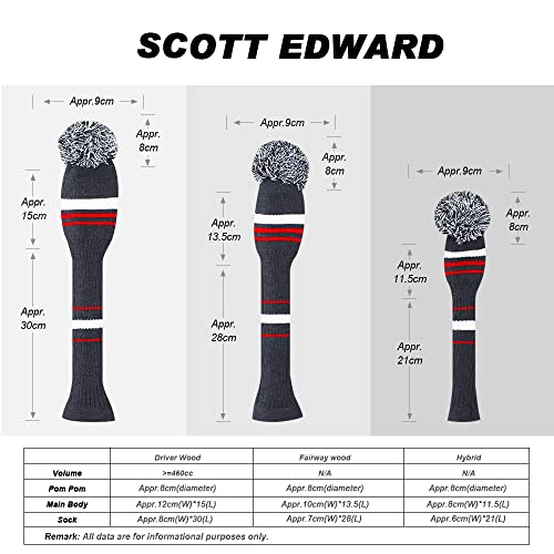 Scott Edward Golf Head Covers Grey White Red Stripes Style 3Pcs/Pack For Driver(460Cc), Fairway Wood&Hybrid, Rotating Number Tags #TOP2