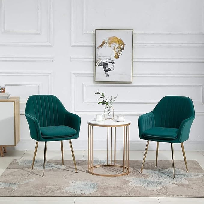 Image of Green Velvet Chair for Home | Modern Accent Armchair in Soft Velvet Fabric with Golden Legs | Set of 2 Premium Accent Chair for Living Room Bedroom Restaurent | Green, 2 pc