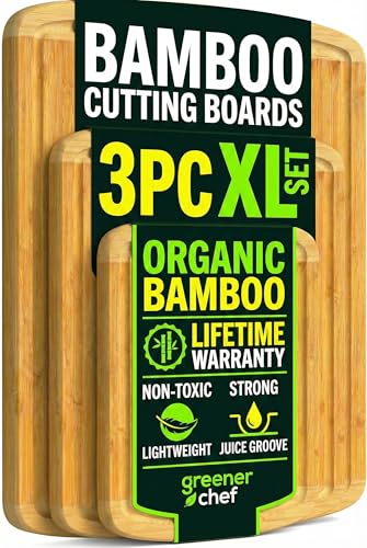 GREENER CHEF Organic Bamboo Cutting Board Set of 3 with Lifetime Replacements &ndash; Premium Extra...