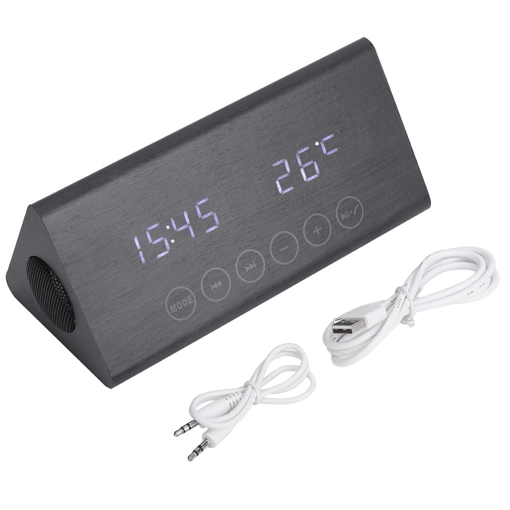 Despertador con Altavoz Bluetooth, Pantalla LED Digital, Termómetro, Radio FM, 5 Alarmas Musicales, para Uso en el Dormitorio de la Oficina en casa (Madera Negra y Letras Blancas.)