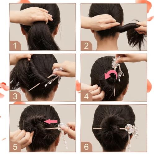 Image of MAYCREATE Hair Stick Floral Metal Pearl Tassel Rhinestone Bun Accessory