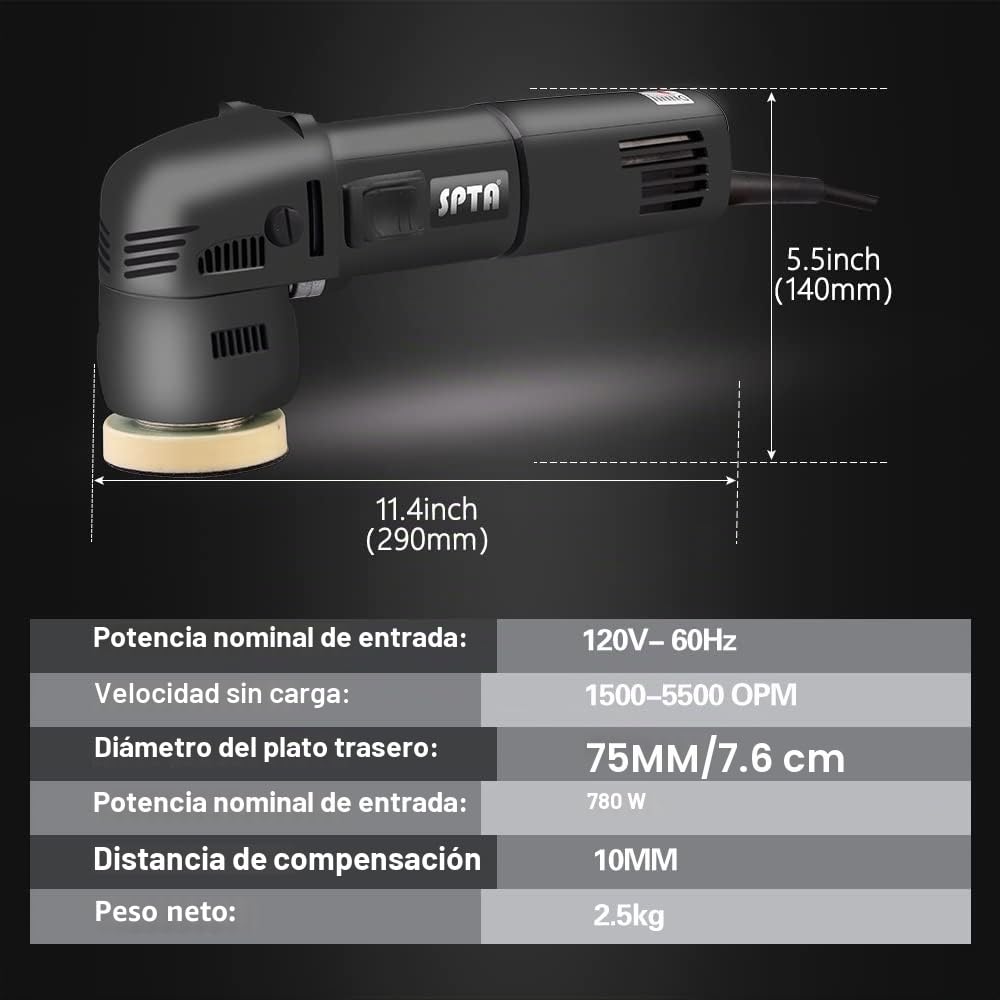 Pulidora de búfer SPTA, pulidora orbital de coche de 3 pulgadas, 10 mm / 780 W, pulidora de doble acción de órbita de velocidad variable, herramientas de detallado automático