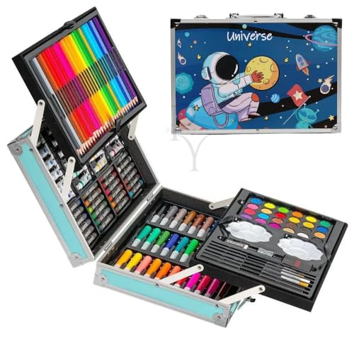 Image of Parssufy 145-Piece Art Set for Kids with Unicorn Storage Case | Drawing & Painting Kit with Oil Pastels, Watercolors, Sketch Pens, Color Pencils | Art & Craft Supplies (145-Astronaut in Space (Blue))