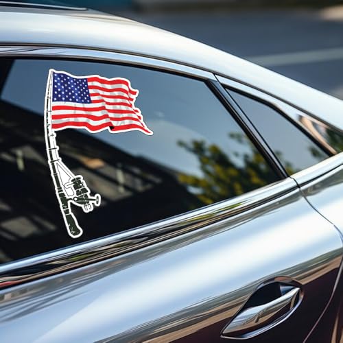 Image of Fishing American Flag Sticker Bumper - Funny Car Auto Laptop Weatherproof Vinyl Decal, Patriotic Fishing Bumper Sticker