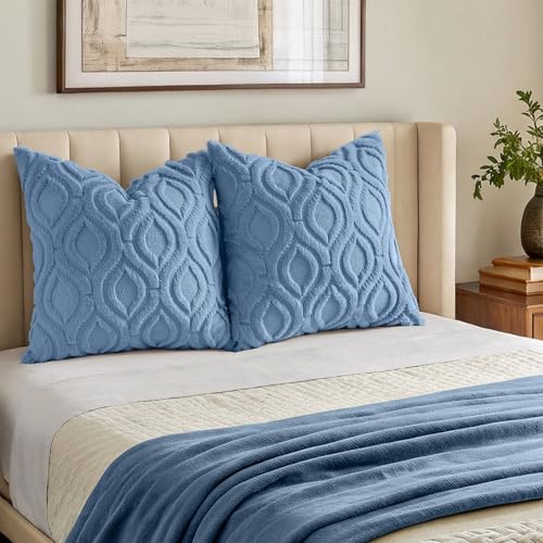 Image of decorUhome Fall Throw Pillow Covers 20x20 Inch Set of 2, Soft Plush Faux Wool Blue Solid Couch Pillow Covers, Accent Farmhouse Neutral Square Pillow Cases for Sofa Bed Living Room