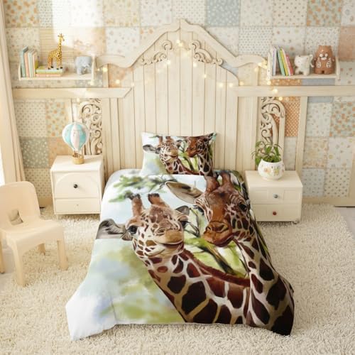 feelingyou Zwei Giraffen Bettwäsche-Set Grüne Baumblätter Bettwäsche Set 135x200cm Ölgemälde Betten Set für Kinder Jungen Mädchen Teenager… – Ansicht 1