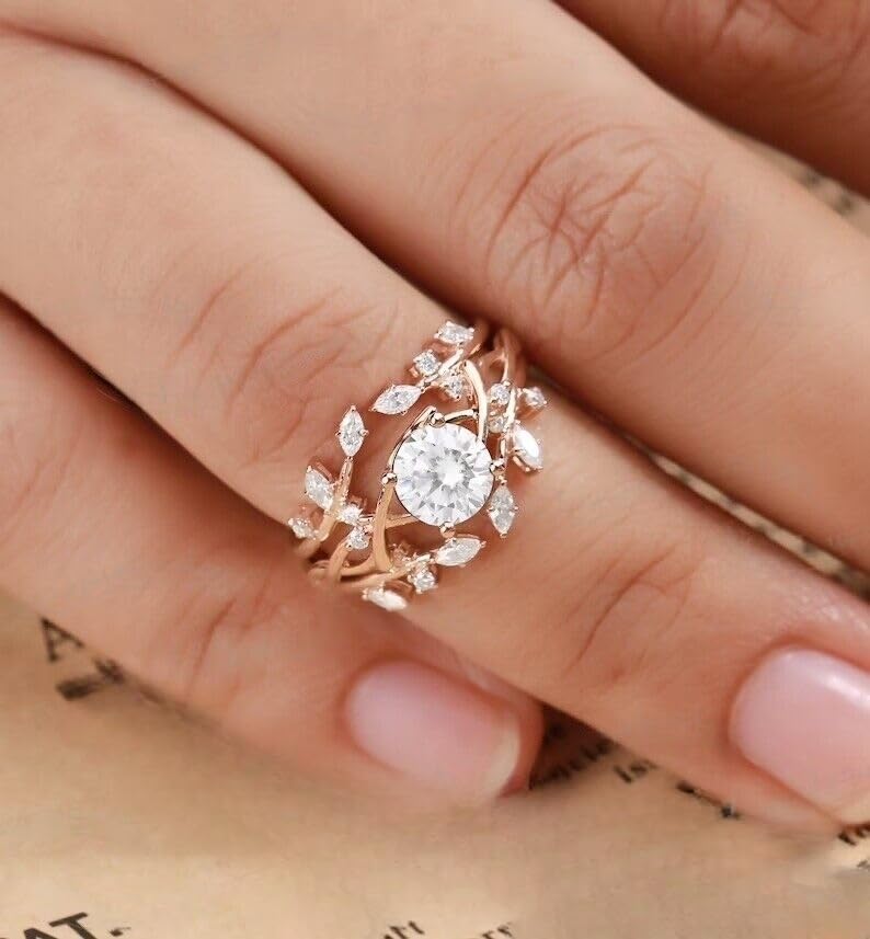 Miniatura 2 de Ssjewel Nature Inspire Bridal Ring Set 2 Ct Round Cut Diamond Tree Branches Twig Promise Ring Set Beautiful Enhancer Band Wedding Ring Set 14K Rose