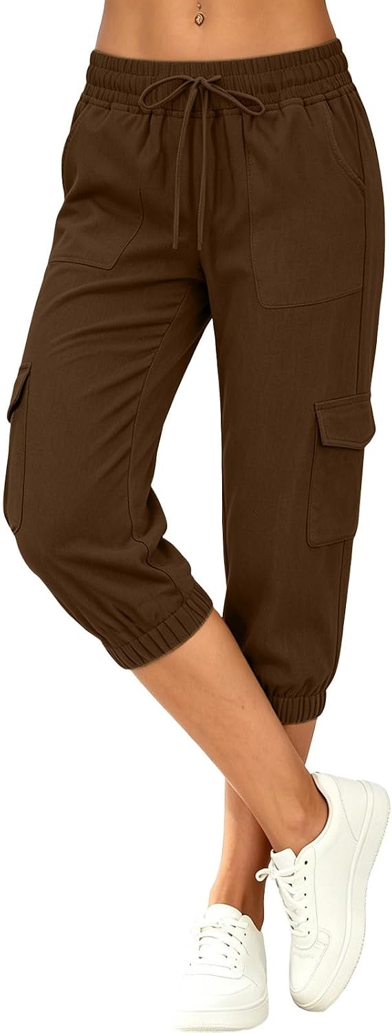 Linen Cargo Capris for Women Fashion Summer Plus Size Athletic Hiking Capri Pants Drawstring Casual Trousers with Pocket
