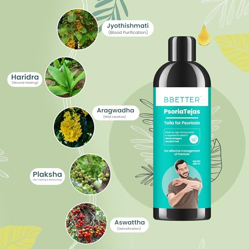Image of BBETTER PsoriaTejas - Oil for Skin Health Management | Steroid-Free Formula for Dry Itchy and Flaky Skin | Herbal Formula with Bruhath Danthapala Thailam & Dinesavalyadi Thailam to Soothe Irritation Redness & Promote Hydration