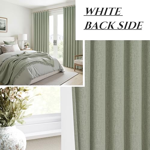 Image of Sage Green Blackout Linen Curtains 108 Inches Long for Living Room Bedroom, Pinch Pleated Boho Light Drapes Viral Window Curtain with Pinch Pleat Clips Thermal Insulated (40 inchWx108 inchLx2Panels Sage)