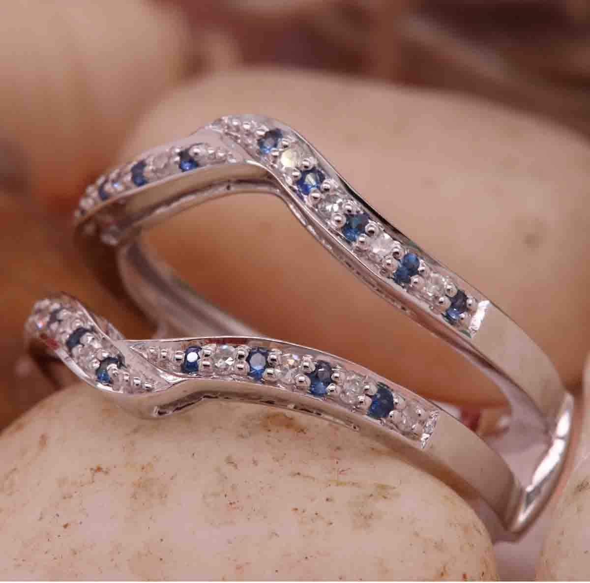 Dazzlingrock Collection 14K Solid Gold Round Blue Sapphire & White Diamond Womens Anniversary Wedding Band Enhancer Guard Double Ring