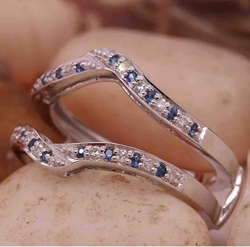 Vista 3 de Anillo doble de oro redondo de oro de 14 quilates con zafiro azul y diamante blanco para mujer