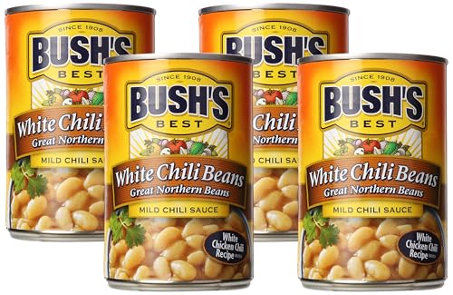 BUSH'S BEST Whilte Chili Beans in a Mild Chili Sauce, Source Of Plant Based Protein And Fiber, Low Fat, Gluten Free, 15.5 oz (Pack of 4)