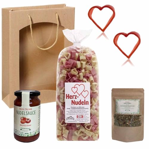 Feinkost-Set Herzklopfen mit Nudeln, Sekt und Kerze mit Spruch // Valentinsgeschenk