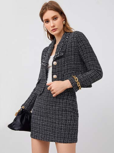 Sweatyrocks Women's Business Suit 2 Pieces Flap Tweed Blazer Jacket Coat And Skirt Set Black 1 M #TOP3