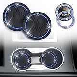 EcoNour Bling Cup Holder Insert (2 Pack) with Push Start Button Ring (1 Pack) | 2.75 Inch Silicone Coaster Pad and 1.5 Inch Ring with Elegant Blue Crystal Rhinestone | Car Interior Accessories