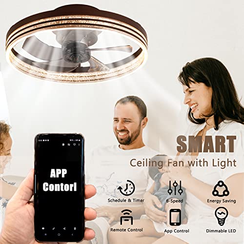 Gesum App & Remote Control,19.7 Inch Modern Low Profile Bladeless, Dimmable 3 Colors,Flush Mount Smart Ceiling Fan With Lights For Bedroom, Living Room(Brown) #TOP2