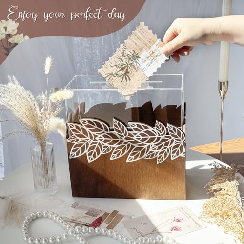 OurWarm Wooden Wedding Card Box with Acrylic Window, Rustic Money Envelope Gift Card Box with Leaf Pattern, Large Cards Holder for Party, Reception, Graduation, Baby Shower, Birthday, Wedding Decor