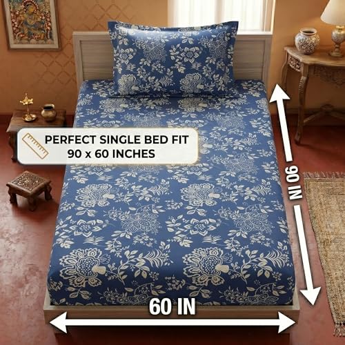 Image of Mafatlal 125 GSM Merino Single Size Bedsheet with Pillow Cover | 90 x 60 Inches | Soft, Breathable & Lightweight | Blue