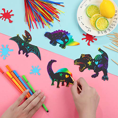 outus 120pcs scratch dinosaur craft art kits for kids with 48 scratch dinosaur paper24 wooden styluses and 48 ribbons for theme birthday party game supplies
