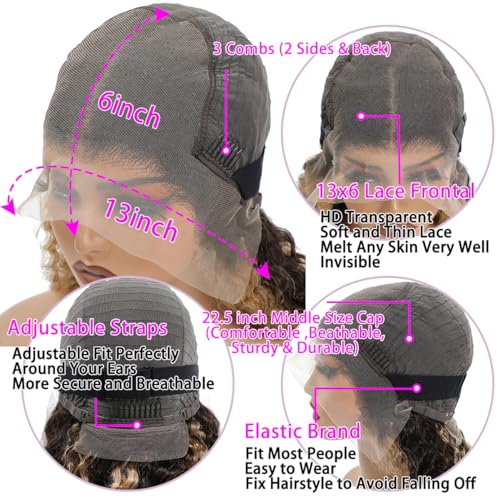 Image of LAINSS Highlight 13x6 Deep Wave Lace Front Wigs Human Hair 4 /27 Ombre Curly HD Transparent Lace Frontal Wig Pre Plucked Glueless Wig human hair 210% Density Wet and Wavy Curly Wigs 18 Inch