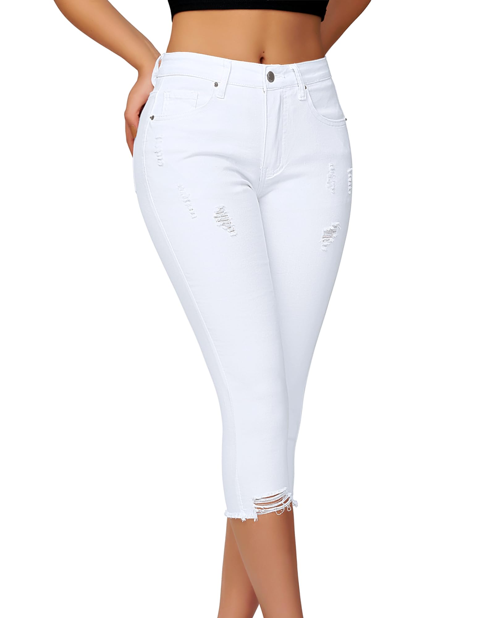 roswear Women's Capri Pants Mid Rise Skinny Ripped Stretchy Cropped Distressed Jeans