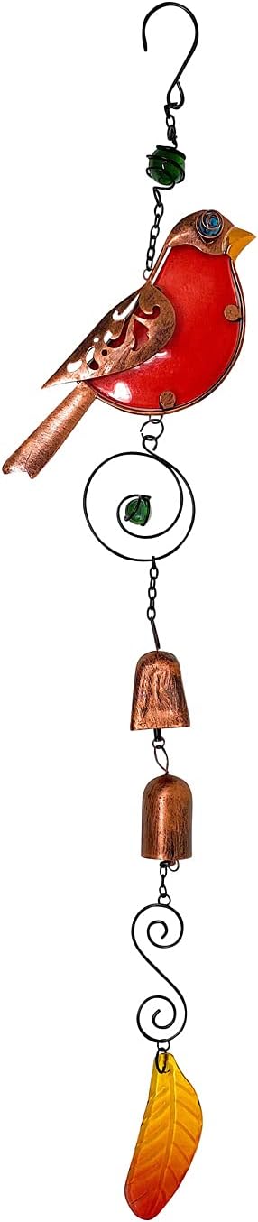 Bird Stained Glass & Copper Metal Finish Wind Chime Charm Colorful Decor Garden Yard Lawn Outdoor Indoor 30 L (Red)