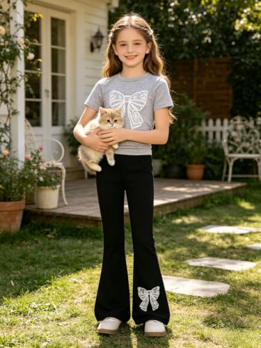 Image of Girls Clothes 2 Piece Short Sleeve Lace Bow Print Tops Flared Pants Set Little Girl Outfits Size 7-14