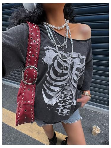 Women's Plus Size Gothic Graphic Tees Y2K Distressed Off The Shoulder Tops Streetwear Summer Tops3