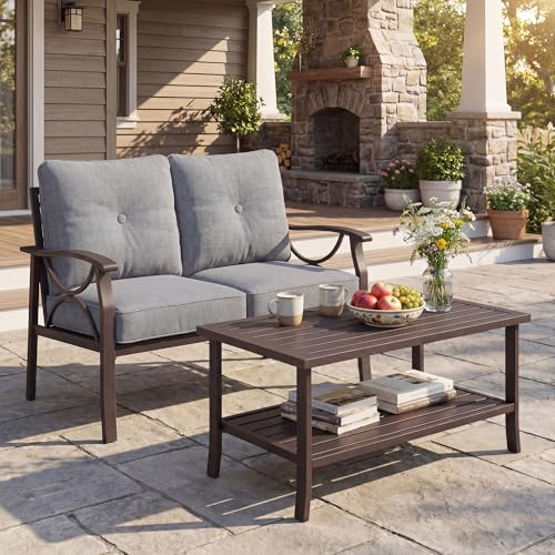 Image of FansaFurn 2-Pieces Outdoor Patio Furniture Set, Outdoor Metal Sectional Furniture with Cushions, Outdoor Conversation Set with Coffee Table for Deck, Backyard, Garden, Balcony, Grey