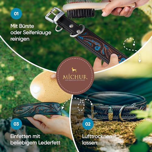 MICHUR Luis Hundehalsband Leder, Lederhalsband Hund, Halsband, Braun mit blauen Akzenten und schönem Stanzmuster, Leder, Halsumfang 33-38cm, Braun Blau