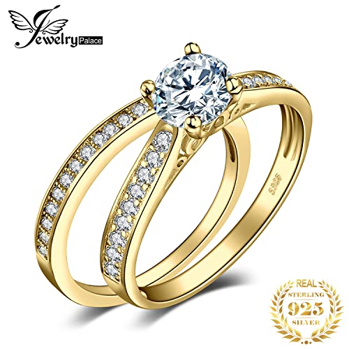 JewelryPalace 1ct Simulated Diamond Engagement Rings for Women, 14k White Yellow Rose Gold Plated 925 Sterling Silver Promise Rings for her, Cubic Zirconia Anniversary Wedding Eternity Band Ring Set2