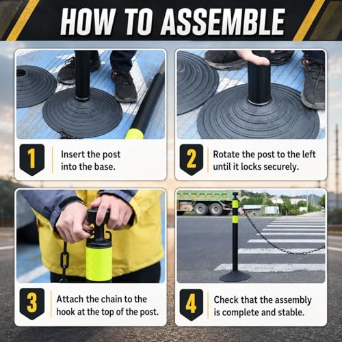 Image of 6 Pack Traffic Delineator Post Cones with Chain Stanchion, Black Crowd Control Safety Barrier Posts with Heavy Duty Base for Parking Lots, Warehouses and Construction Safety (Black)
