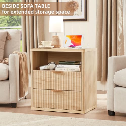 LEYAOYAO Fluted Farmhouse Nightstand Set of 2 with Charging Station, 23" Wide 2 Drawers End Table,Natural Dresser for Bedroom,Bed Side Table Chest of Drawers Cabinet,Wood Night Stand for Living Room