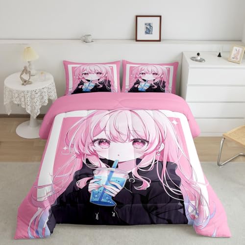 Image of Erosebridal 3D Japanese Kids Comforter Set | Anime Girl Drinking Milk Tea Bedding King,Cute Kawaii Girly Down Comforter Modern Fashion Aesthetic Duvet Set for Bedroom