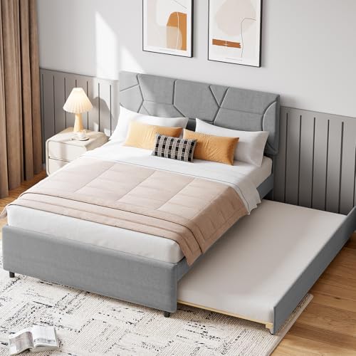 Garvee Queen Bed Frame with Trundle Upholstered Platform Bed Frame Twin Size Pull Out Bed with Headboard Wood Slat Support for Bedroom Living Room Guest Room