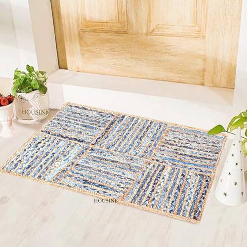Image of Handmade Natural Jute Cotton Natural Fibers Floor /Door Mat Rugs Furnish Decor Striped Rectangular Design Carpet for Bedroom Living Room (JUTE0012, 2x3-Runner)