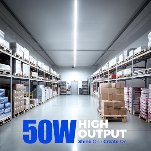 Image of Barrina T8 LED Shop Lights 5FT, 50W 6500LM 6500K, 10 Pack, High Output Tube | 5 Foot for Garage Workshop and Workbench, Super Bright White, Ceiling& Hanging, Linkable to 5, Aluminum, V Shape, Clear Cover