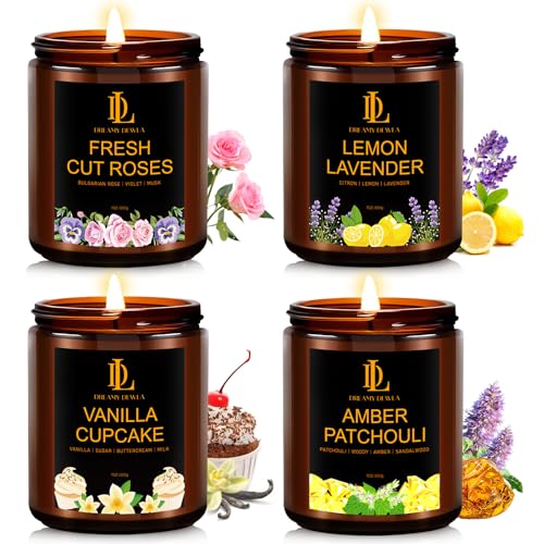 4 Pack Candles for Home Scented, 28 oz Soy Aromatherapy Candle Set, Christmas Holiday Candle Gifts for Women, Scents of Fresh Cut Roses/Lemon Lavender/Vanilla Cupcake/Amber Patchouli
