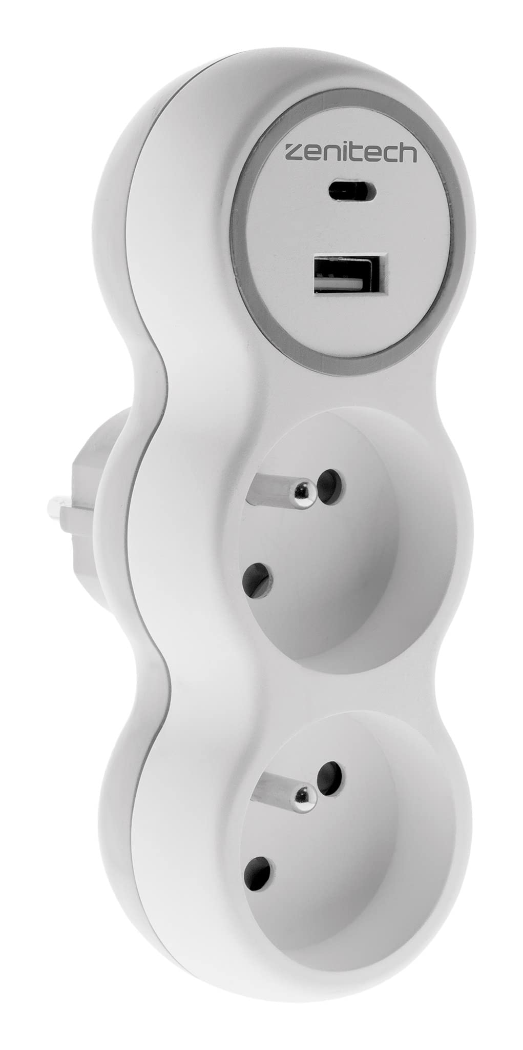 Zenitech - Prise 2x16A + 2 ports USB A/​C - Blanc et Gris - Bolea