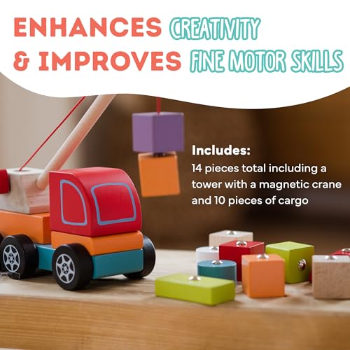 Image of CUBIKA Wooden Crane Truck - Magnetic Construction Vehicle Playset for Toddlers Ages 18 Months+ - Montessori Toy for Fine Motor Skills, Creativity, and Imaginative Play