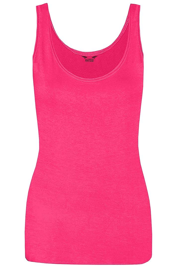 New Ladies Women Solid Wide Shoulder Tall Vest Scoop Neck Tank Top Fuchsia