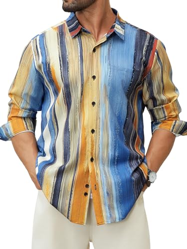 Hardaddy Men's Hawaiian Shirt Long Sleeve Striped Beach Casual Button Down Shirts with Pocket