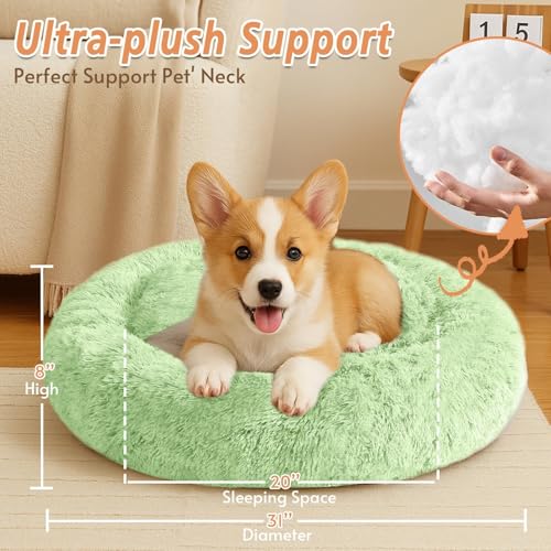 Image of JOLLYVOGUE Calming Dog Bed Medium Size Dog, 31in Donut Washable Medium Pet Bed, Anti-Slip & Anti-Anxiety Fluffy Faux Fur Round Dogs Bed, Fits up to 45 lbs Pets (Light Green)