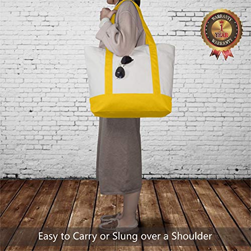 Image of TOPDesign 1-Pack Canvas Tote Bag with an External Pocket, Reusable Grocery Shopping Bag, Top Zipper Closure, Daily Essentials (Yellow /Natural)