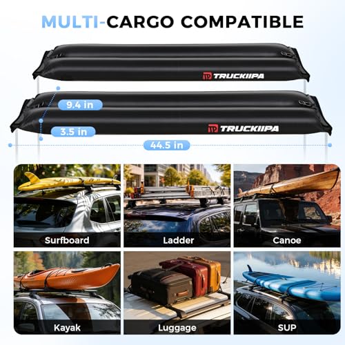 Image of Truckiipa Universal Soft Roof Rack Pads, Inflatable Roof Racks for Surfboard, Kayak, Canoe, SUP,Heavy Duty Luggage Carrier Car Racks System with Straps,1 Air Pump, 4 Hood Loops and Storage Bag