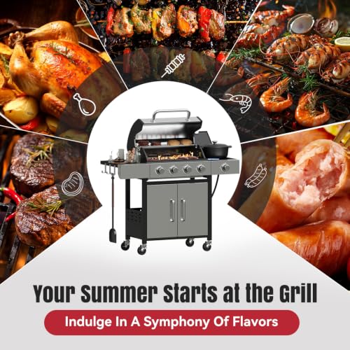 Foto von Aoxun 4+1 Brenner Propangasgrill mit Seitenbrenner, 49.000 BTU Gasgrill, Edelstahlgrill mit Gusseisenrosten und Seitentischen für den Garten, die Terrasse und zum Camping, schwarz und silber