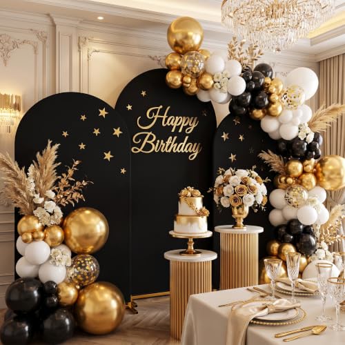 Image of SoarDream Black Arch Backdrop Cover 6FT 6.6FT 7.2FT Set of 3 Spandex Fitted Arch Wall Stretchy Backdrop Covers for Birthday Decorations Festival Party Stand